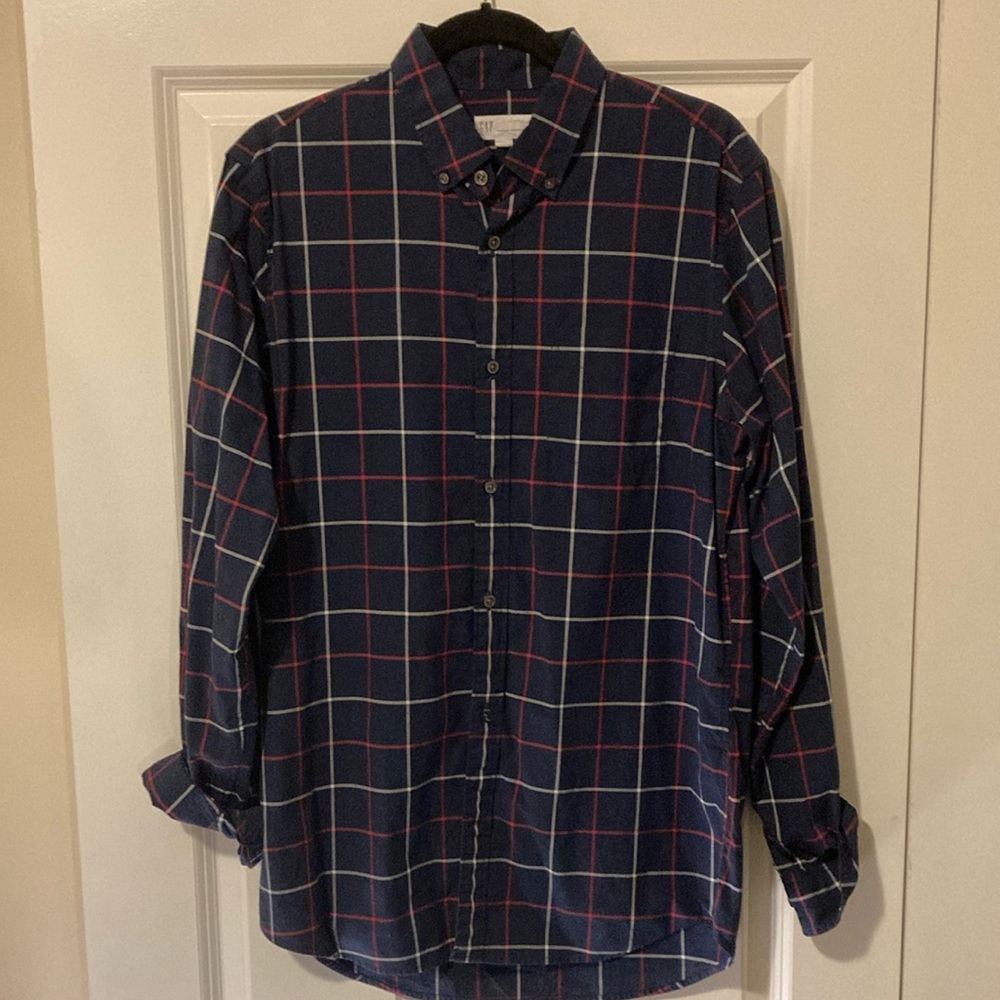 GAP Long Sleeve Button Down, striped, built in flex, M Tall, Navy/White/Red